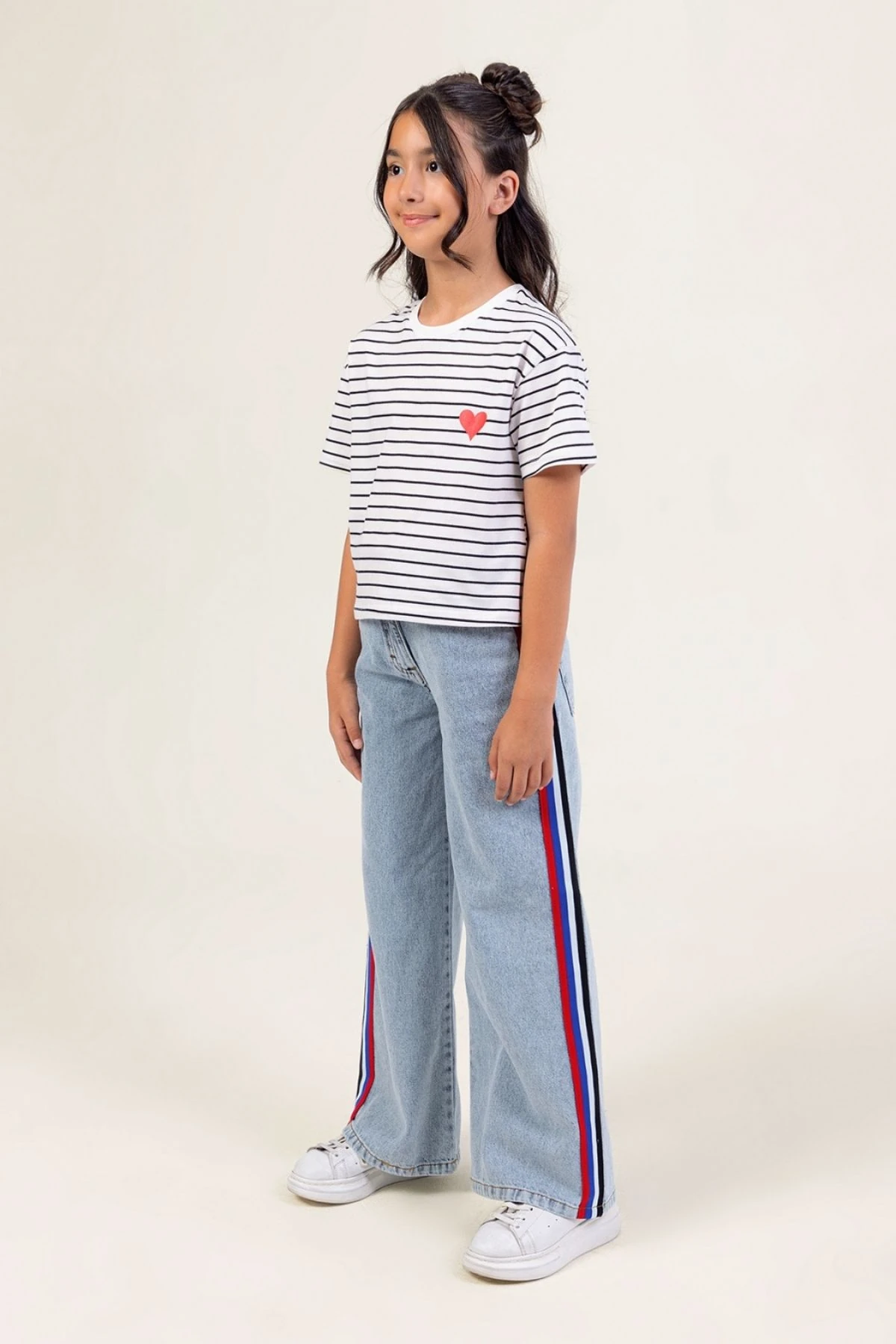 Kız Çocuk Renkli Şeritli Bol Paça Kot Pantolon