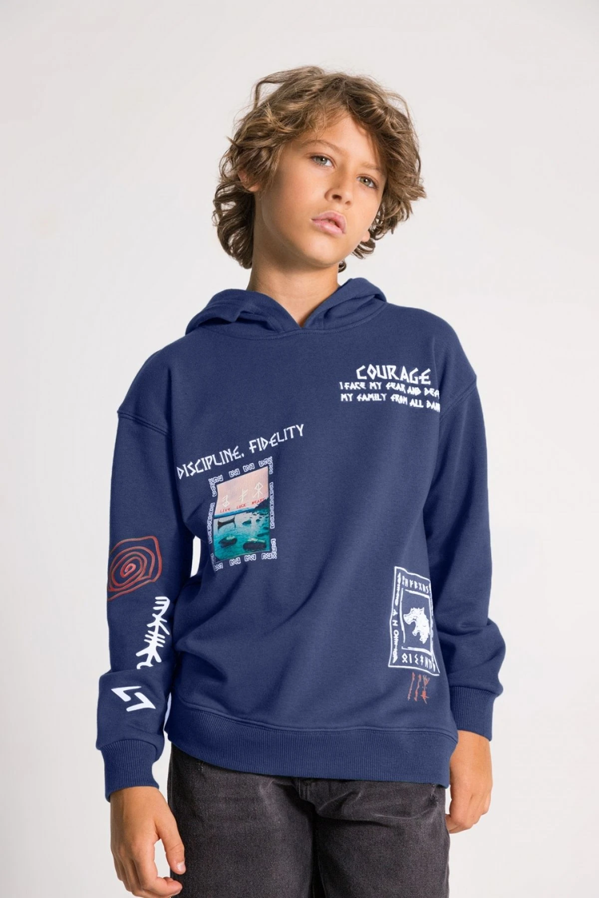 Erkek Çocuk Indigo Sweatshirt ve Eşofman Altı Takım - Kapüşonlu Baskılı Rahat Kesim