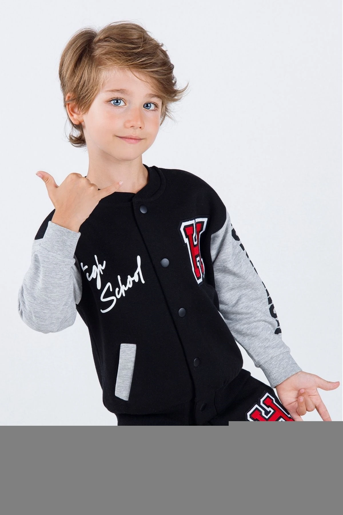 Bisiklet Yaka Aplike Detaylı Önden Çıtçıtlı Kolej Hırkalı Erkek Çocuk Eşofman Takımı