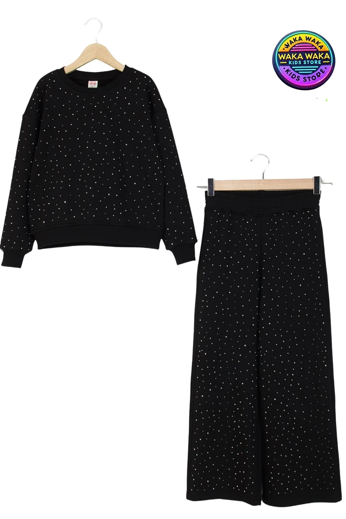Kız Çocuk Taş Baskılı Puantiyeli Sweatshirt ve Geniş Paça Eşofman Takımı