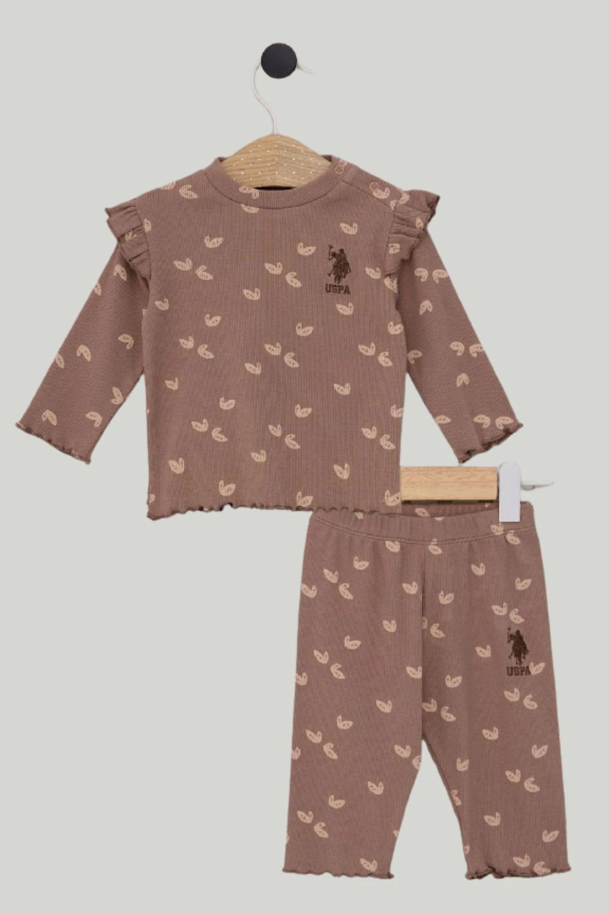 Yaprak Paskılı Omuzu Fırfırlı Çıtçıt Kapamalı Kız Çocuk Taytlı Takım