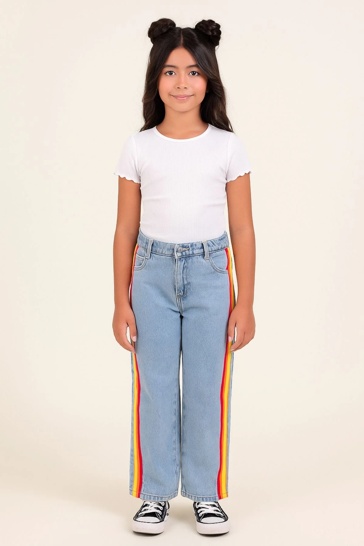 Kız Çocuk Renkli Şeritli Bol Paça Kot Pantolon