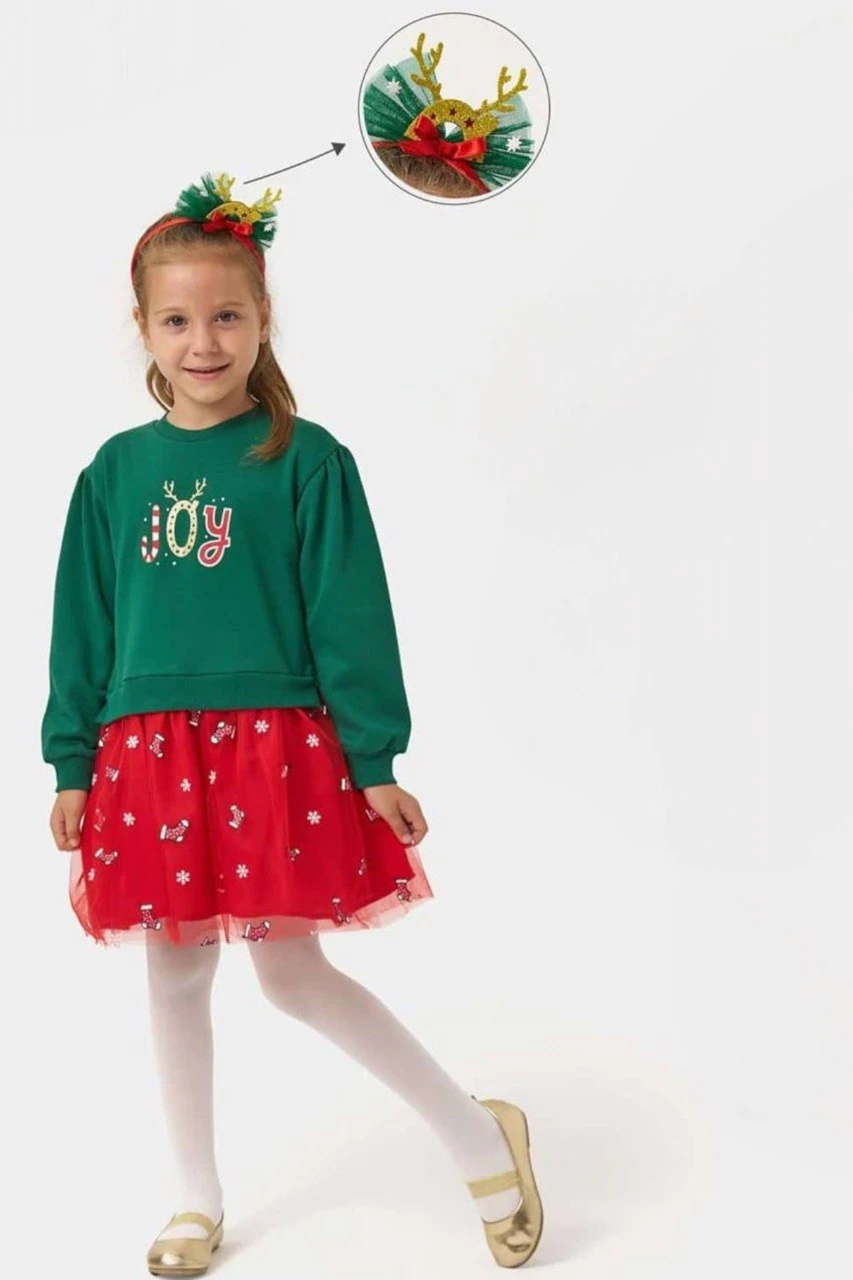 Yılbaşı Temalı "JOY" Baskılı Etekli Takım (Kırmızı/Yeşil Seçenekli)