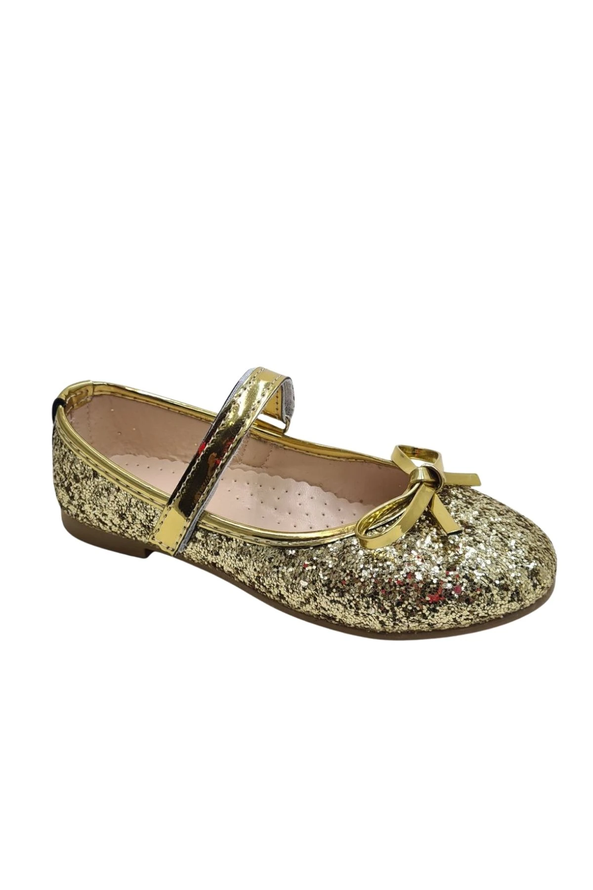 Altın Simli Tek Bantlı Fiyonklu Kız Çocuk Babet