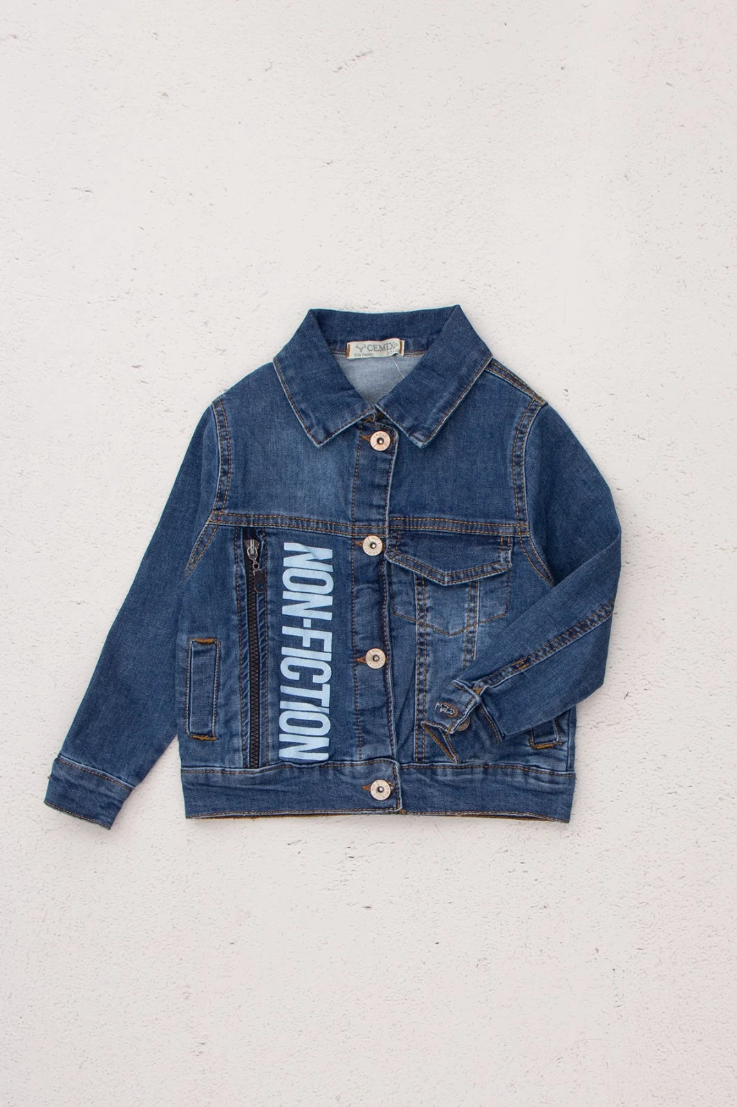 Önü Baskılı Likralı Erkek Çocuk Kot Ceket