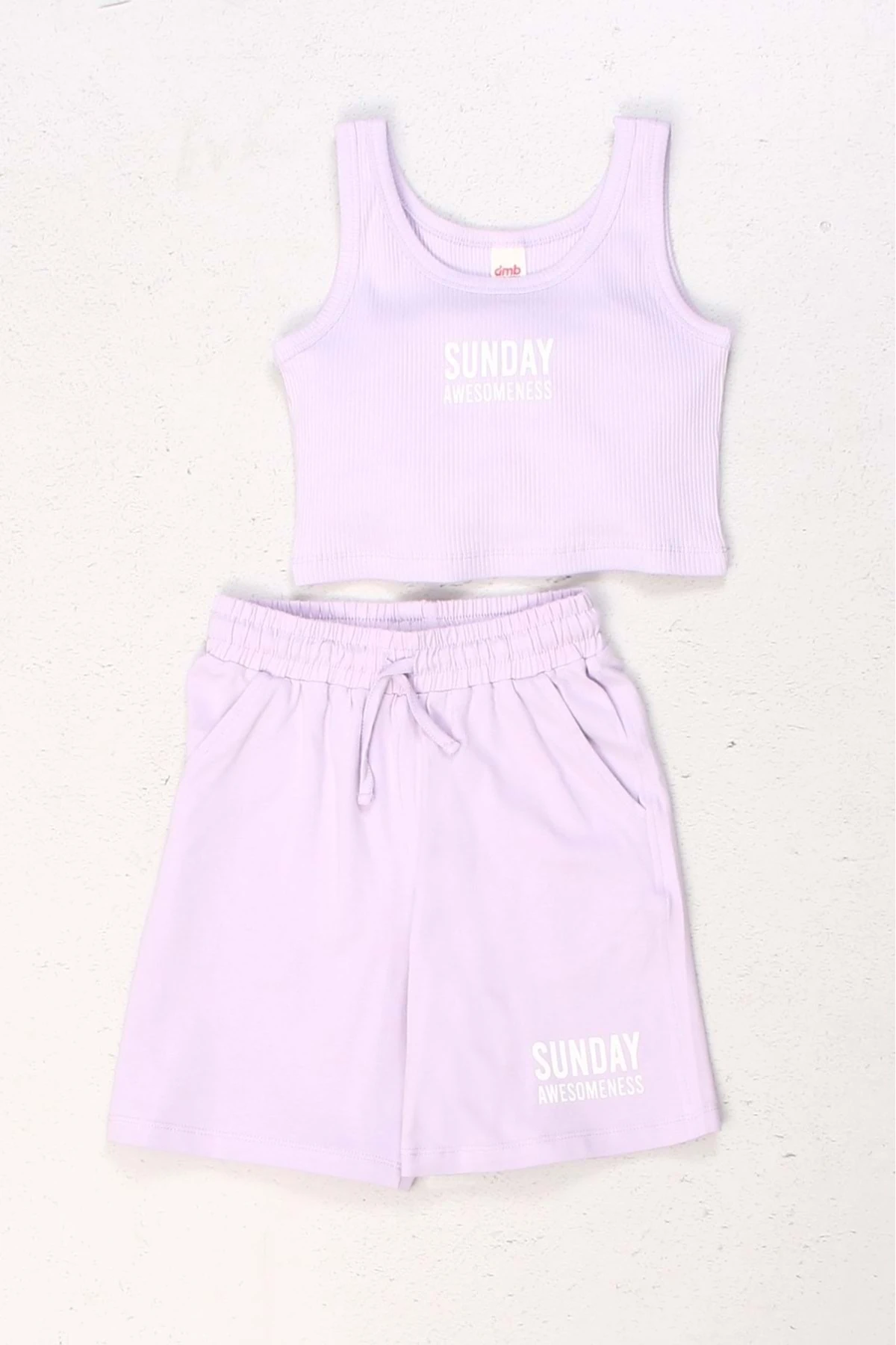 Sunday Awesomeness" Baskılı Pembe Askılı Crop Top Ve Şort Kız Çocuk Takım - Lila