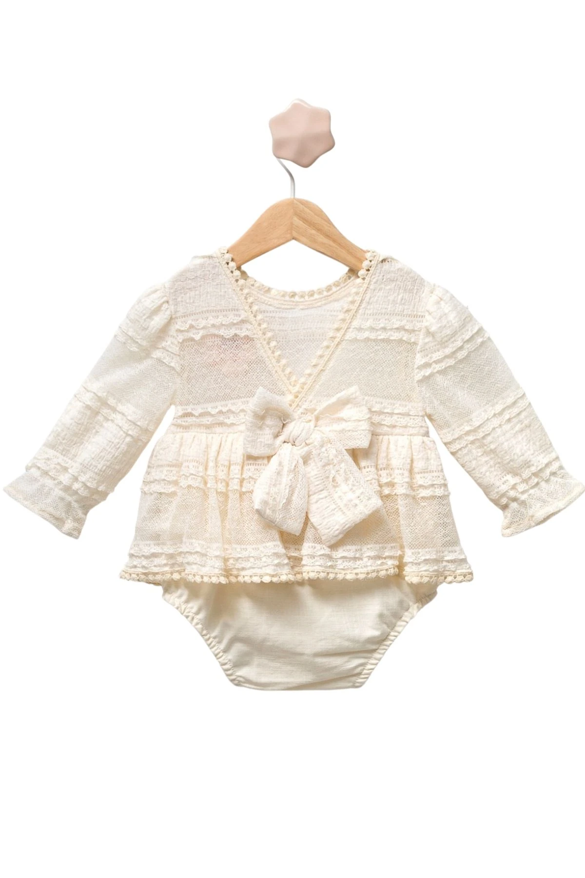 Güpürlü Dantel Kumaş Alttan Çıtçıtlı Kız Bebek Elbise