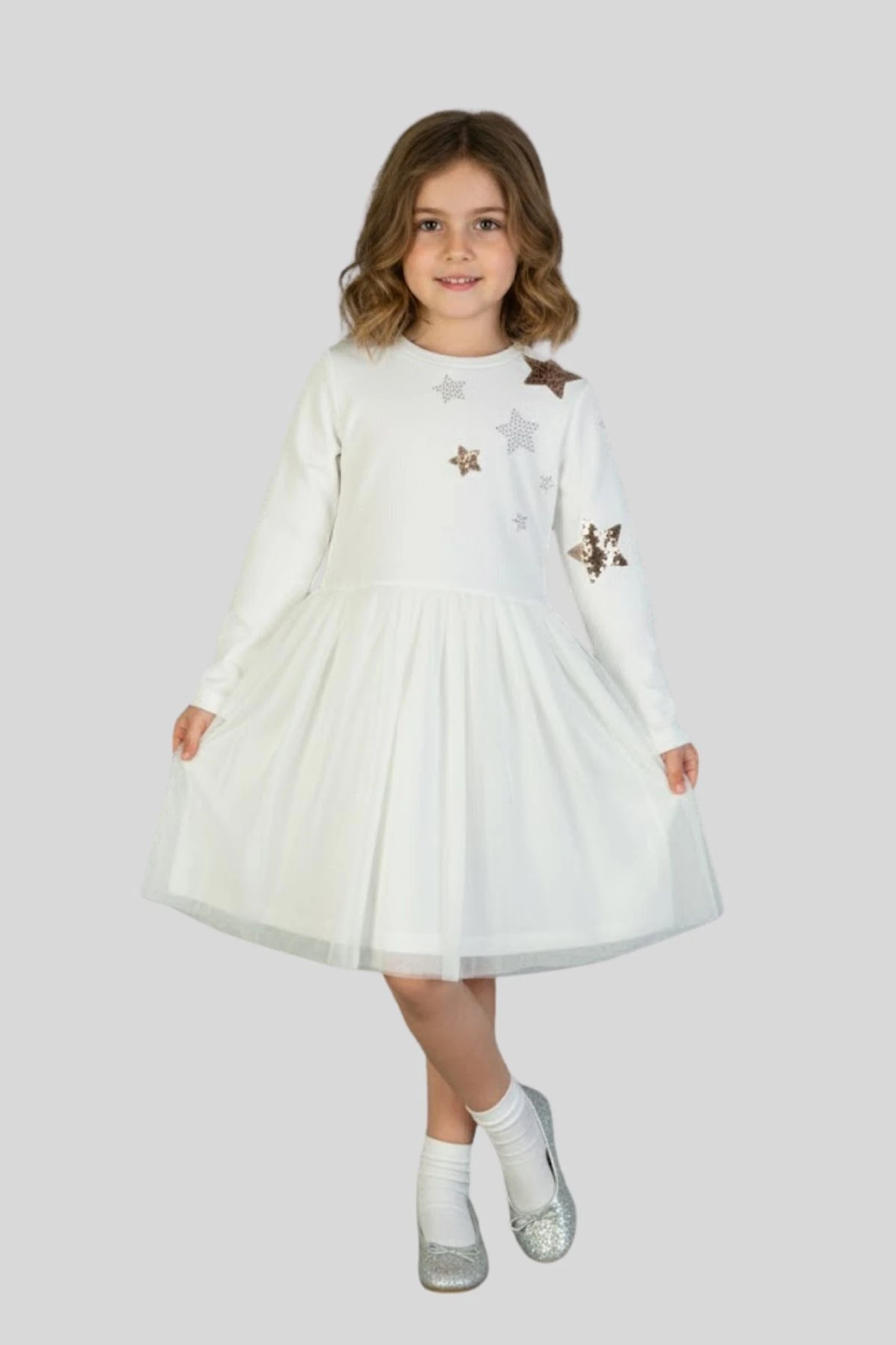 Önü Kolu Yıldız Payet Taş Baskılı Kız Çocuk Elbise