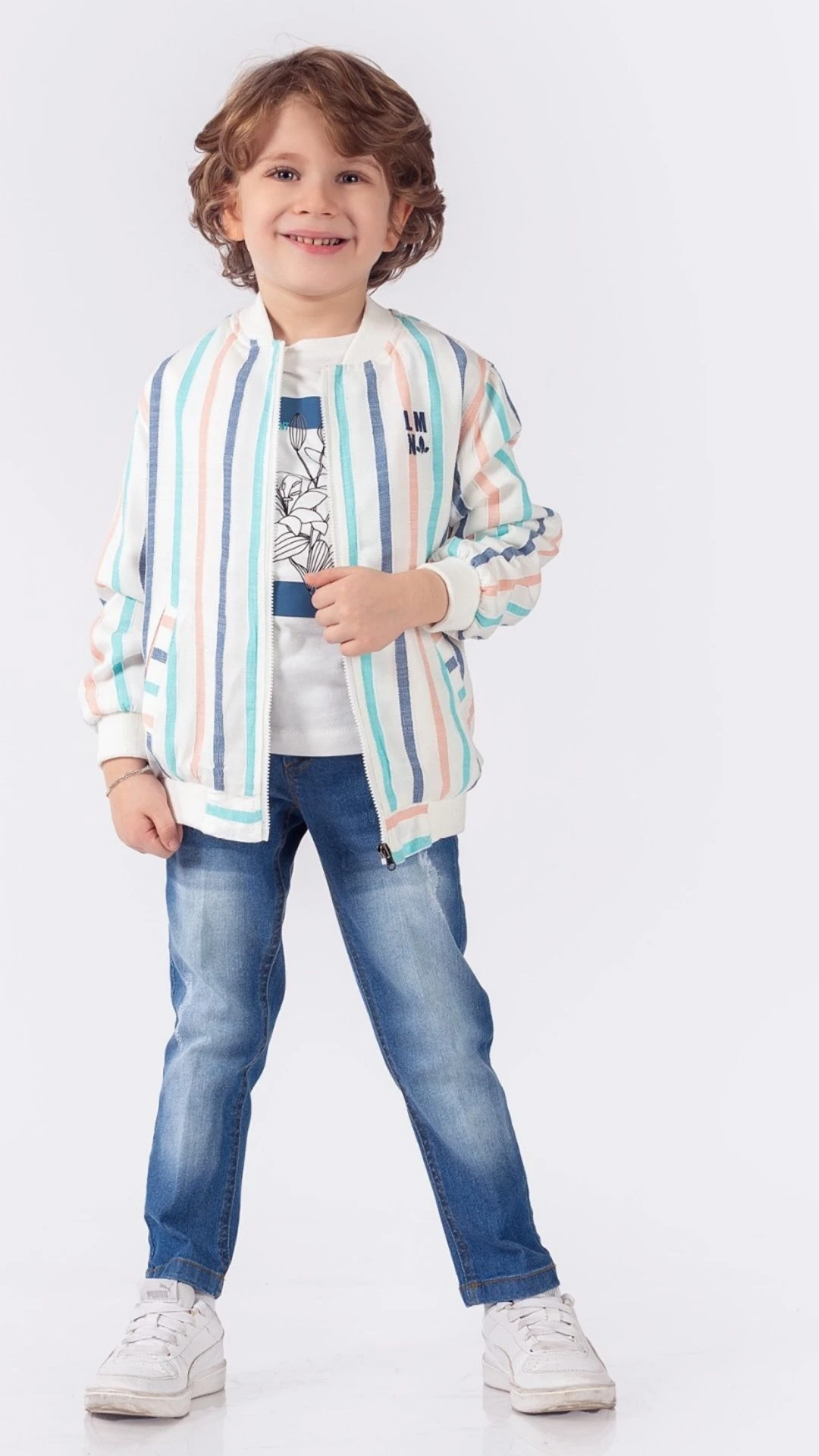 Çizgili Ceket Önü Baskılı T-Shirt Kot Pantolonlu 3lü Erkek Çocuk Takım