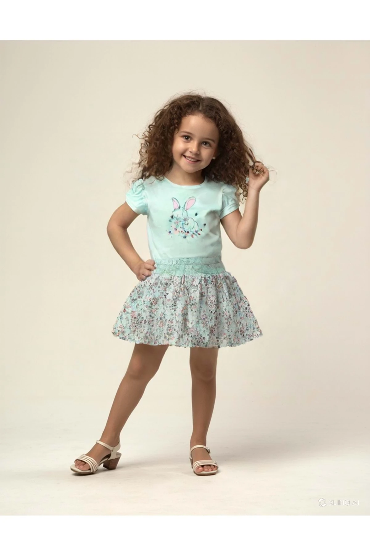 Tavşan Baskılı Lila Volanlı Etek Kız Çocuk Elbise - Mint