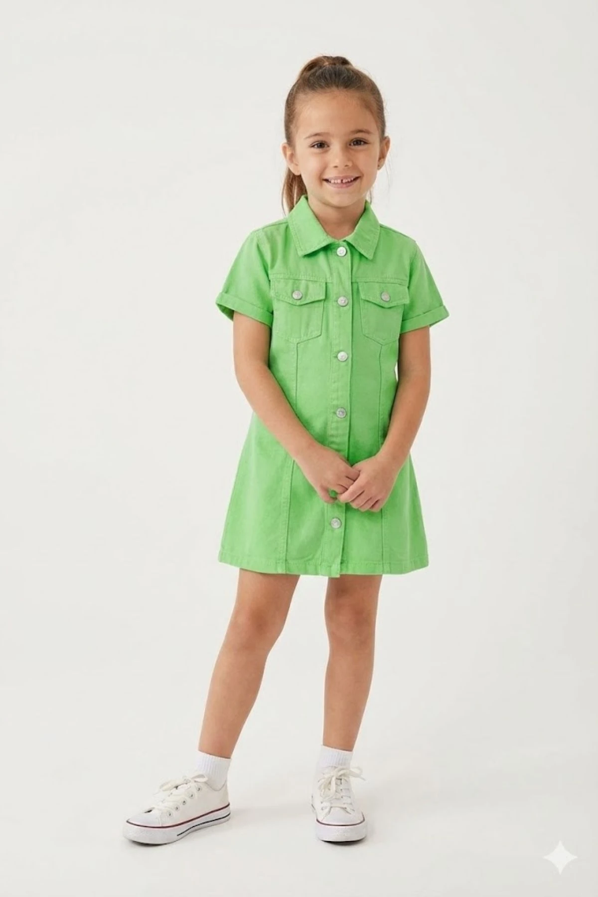 Düğme Kapamalı Cepli Kız Çocuk Kot Elbise