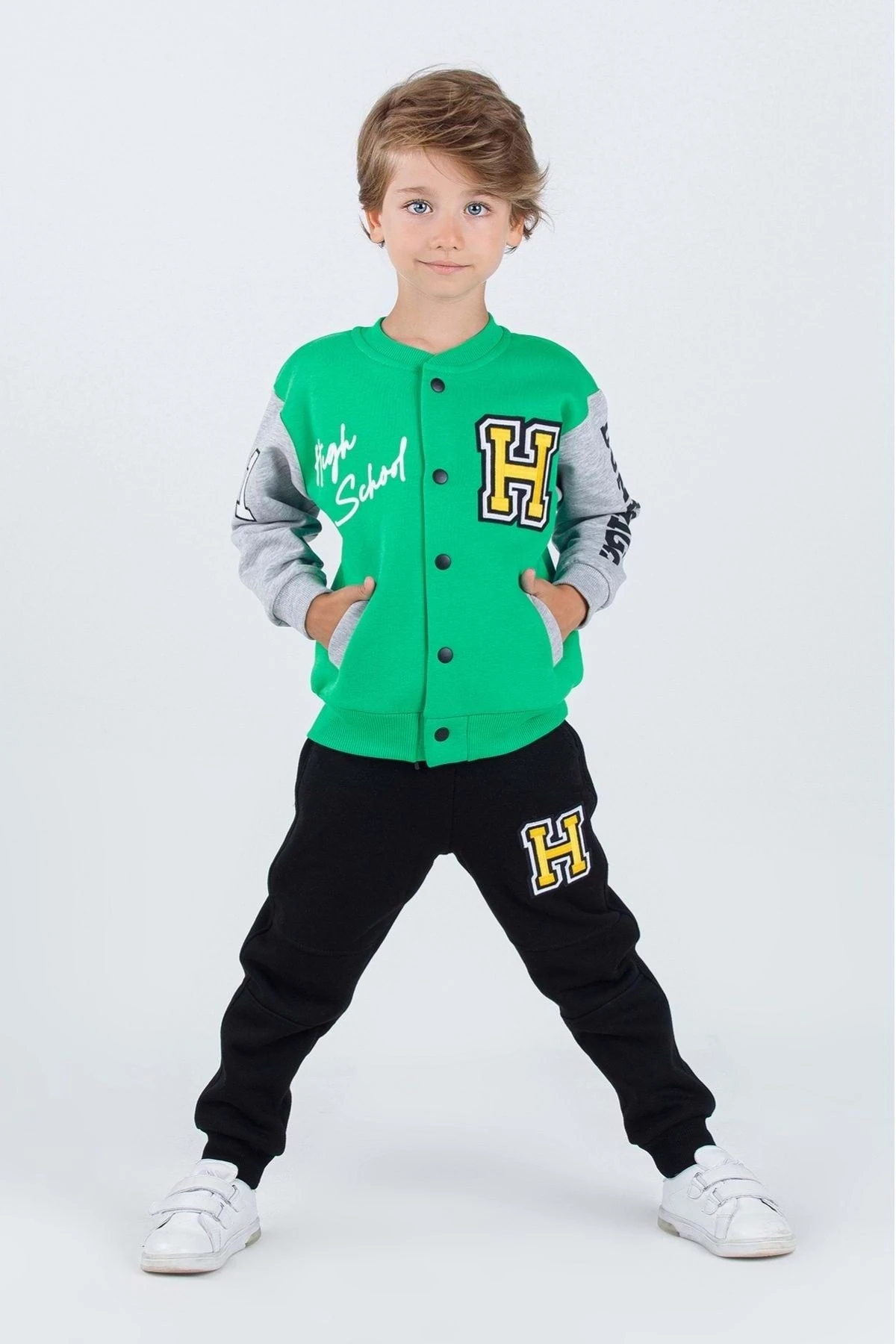 Bisiklet Yaka Aplike Detaylı Önden Çıtçıtlı Kolej Hırkalı Erkek Çocuk Eşofman Takımı