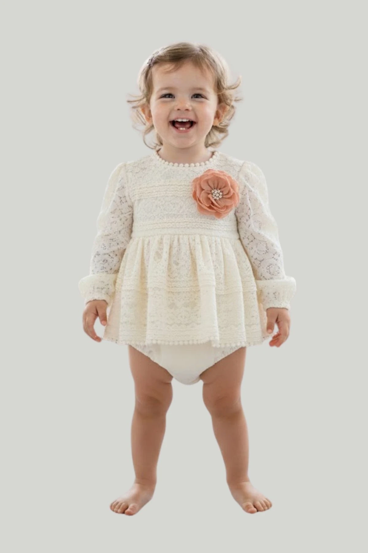 Güpürlü Dantel Kumaş Alttan Çıtçıtlı Kız Bebek Elbise