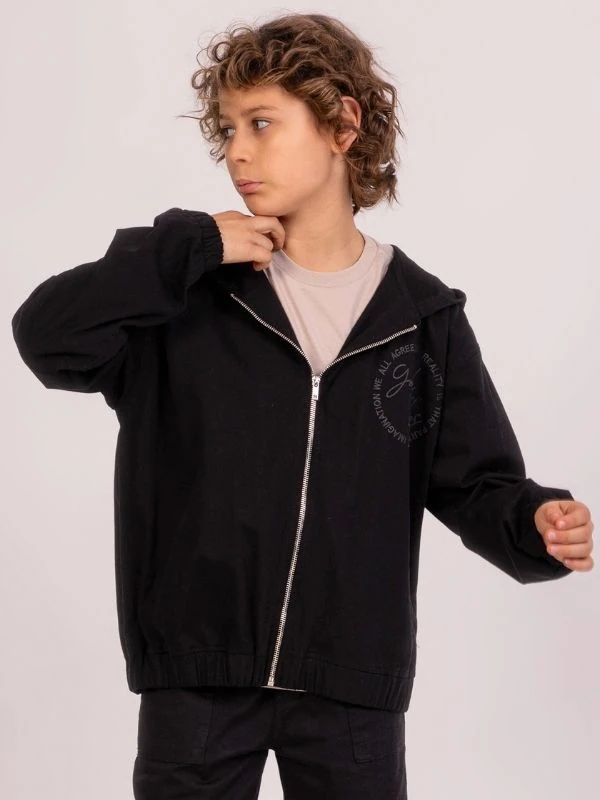 Önü Sırtı Sargı Nakışlı Kapüşonlu Fermuar Kapamalı Erkek Çocuk Ceket