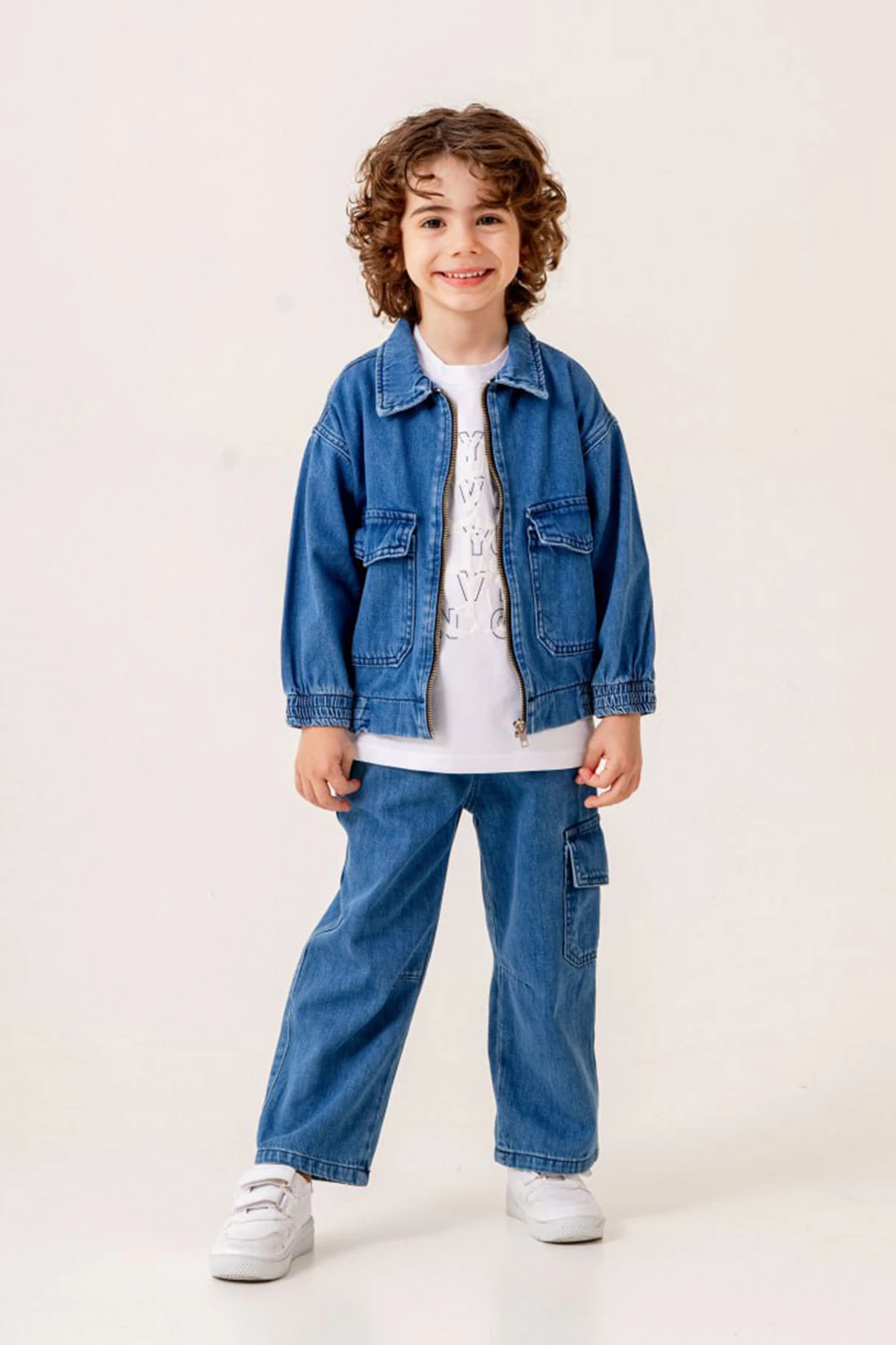 Baskılı T-Shirt Kot Ceket Kargo Cepli Kot Pantolon 3lü Erkek Çocuk Takım