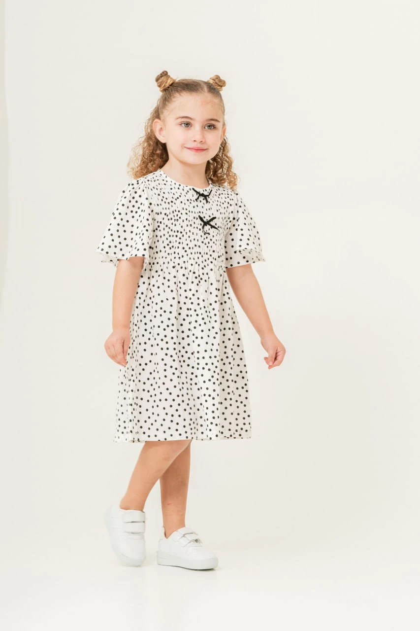 Puantiye Baskılı Fiyonk Detaylı Kız Çocuk Elbise
