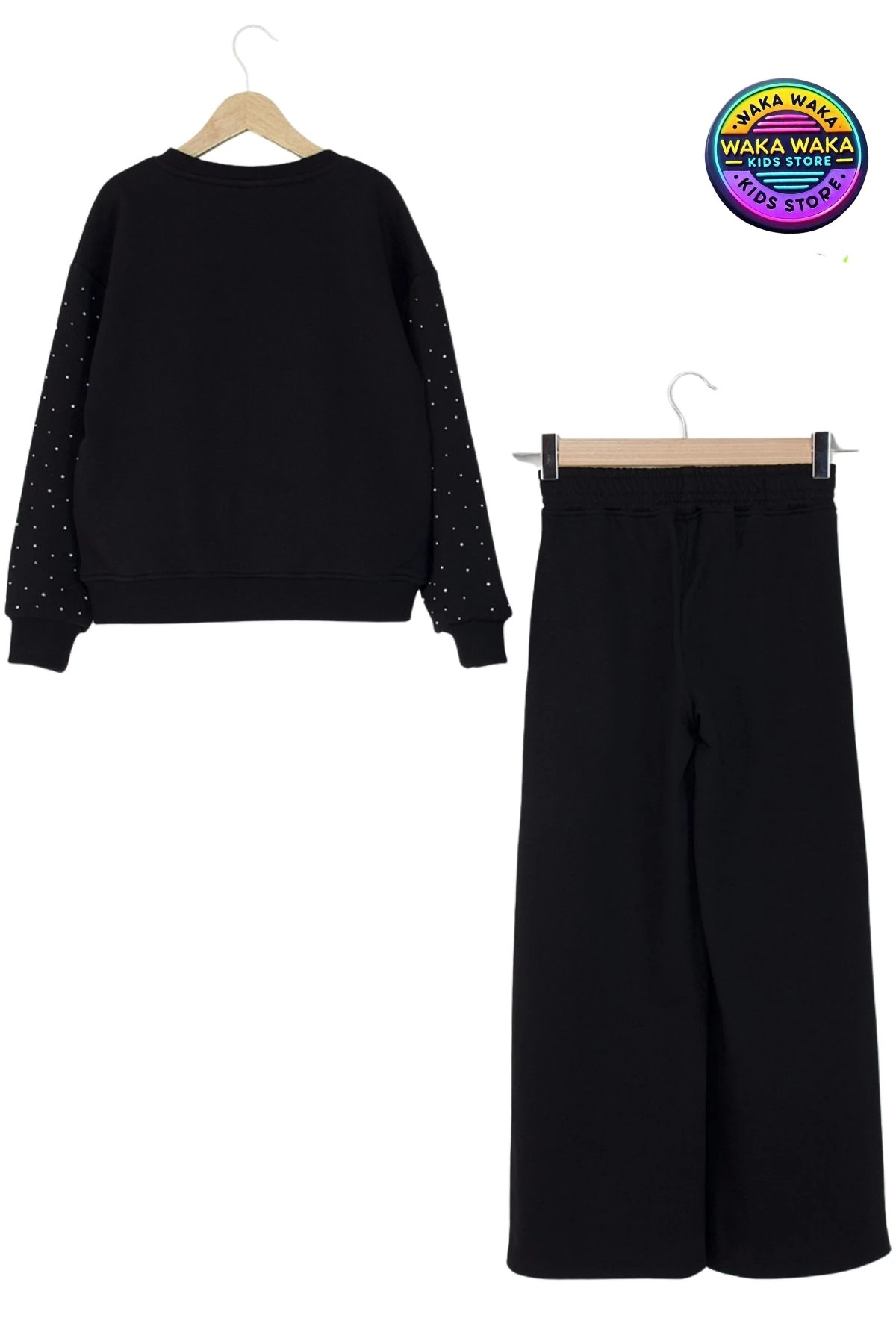 Kız Çocuk Taş Baskılı Puantiyeli Sweatshirt ve Geniş Paça Eşofman Takımı