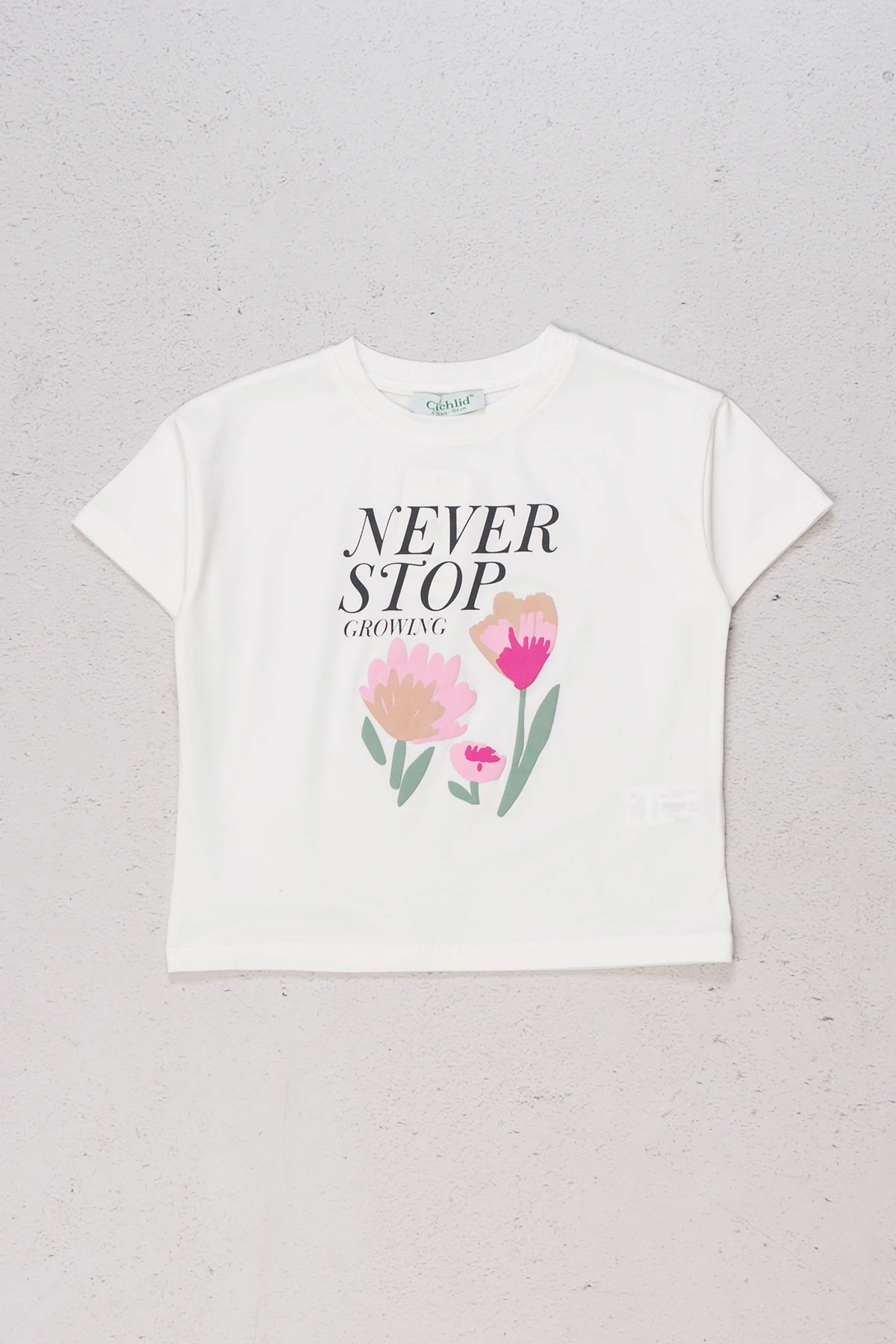 Bisiklet Yaka Kabartma Çiçek Detaylı Kız T-shirt