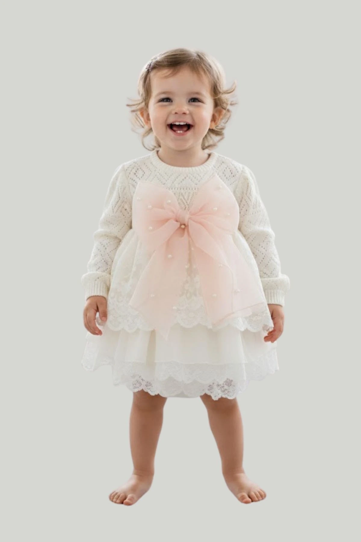 Üstü Merserize Fiyonk Detaylı Tül Kız Bebek Tulum Elbise