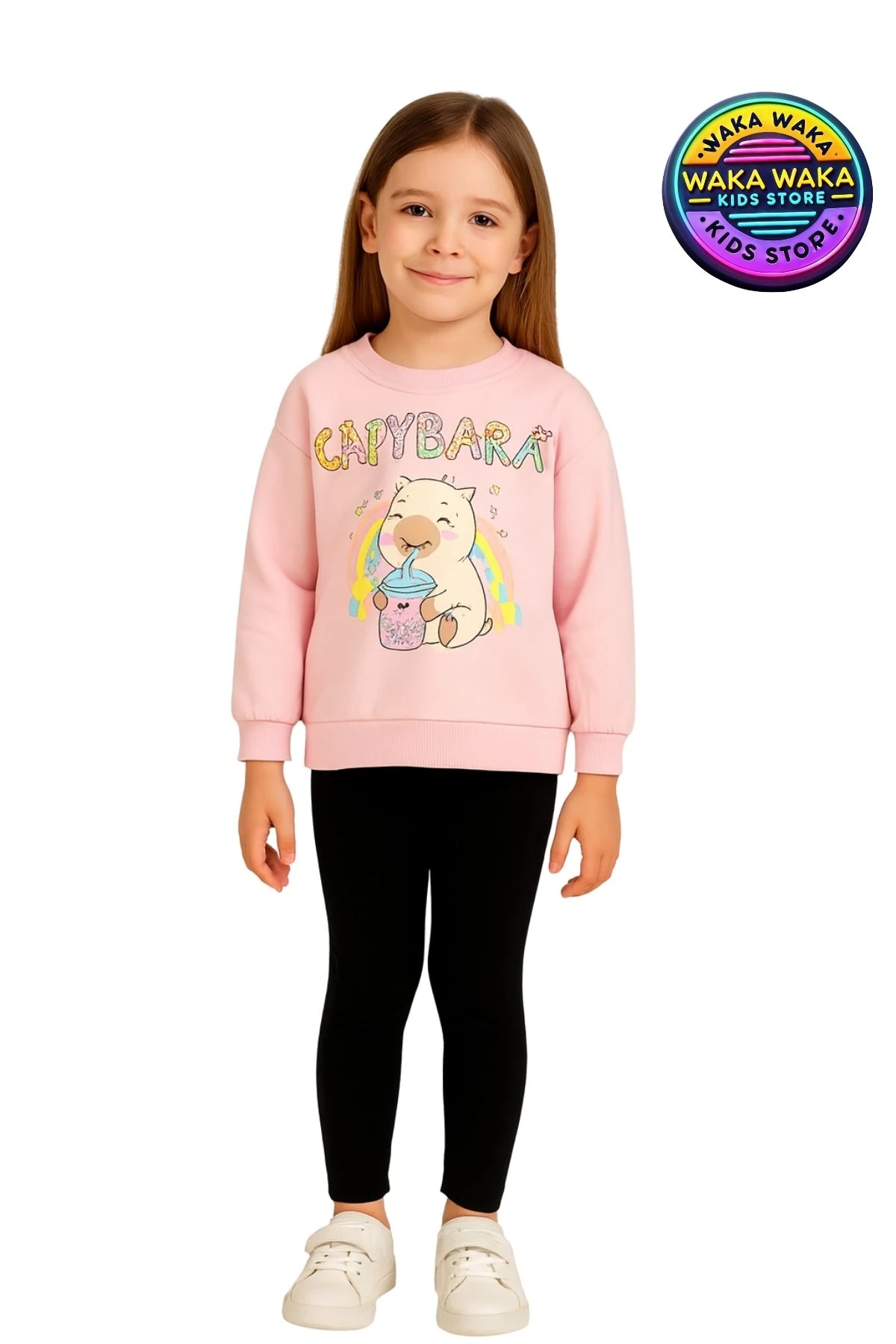 Kız Çocuk Capybara Desenli Pembe Sweatshirt ve Siyah Tayt İkili Takım