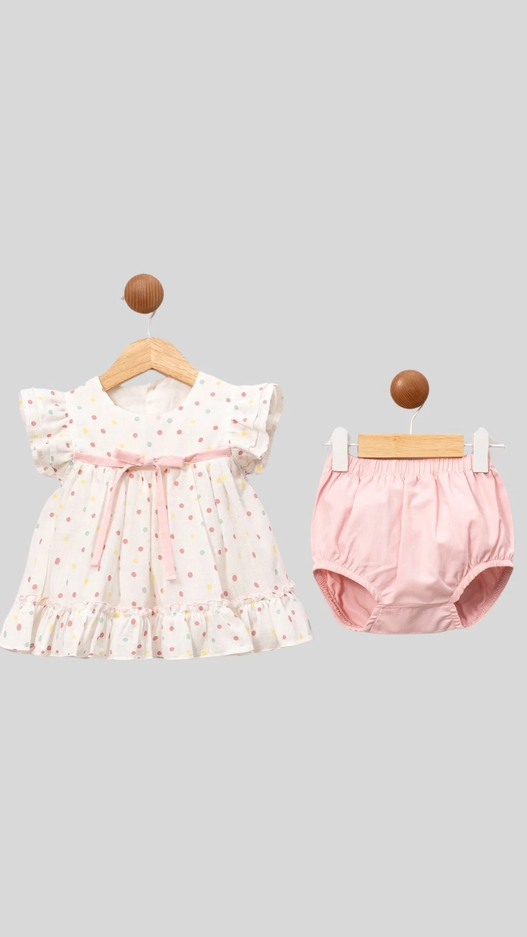 Puantiye Baskılı Önü Fiyonk Detaylı Astarlı Kız Bebek Elbise