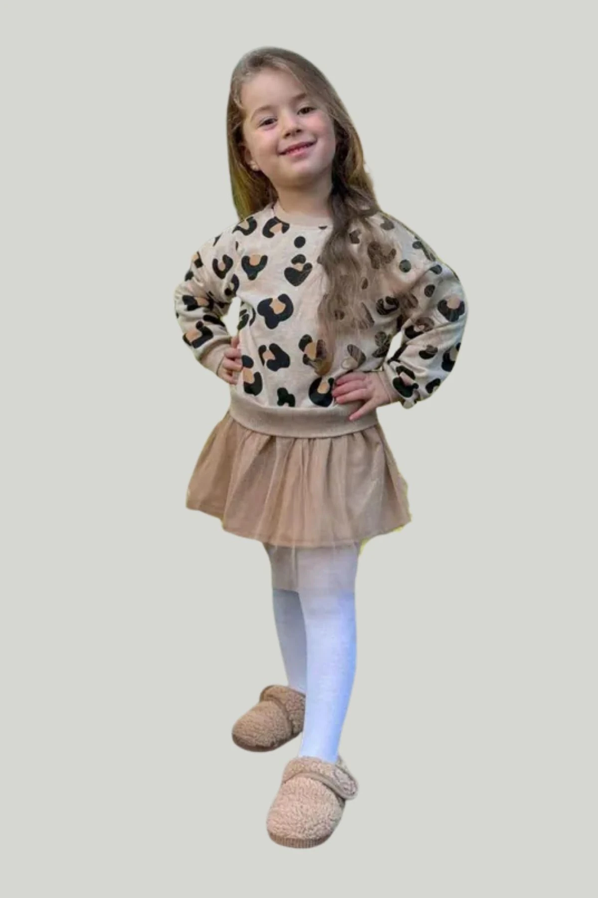 Leopar Baskılı Tül Etekli Kız Çocuk Elbise