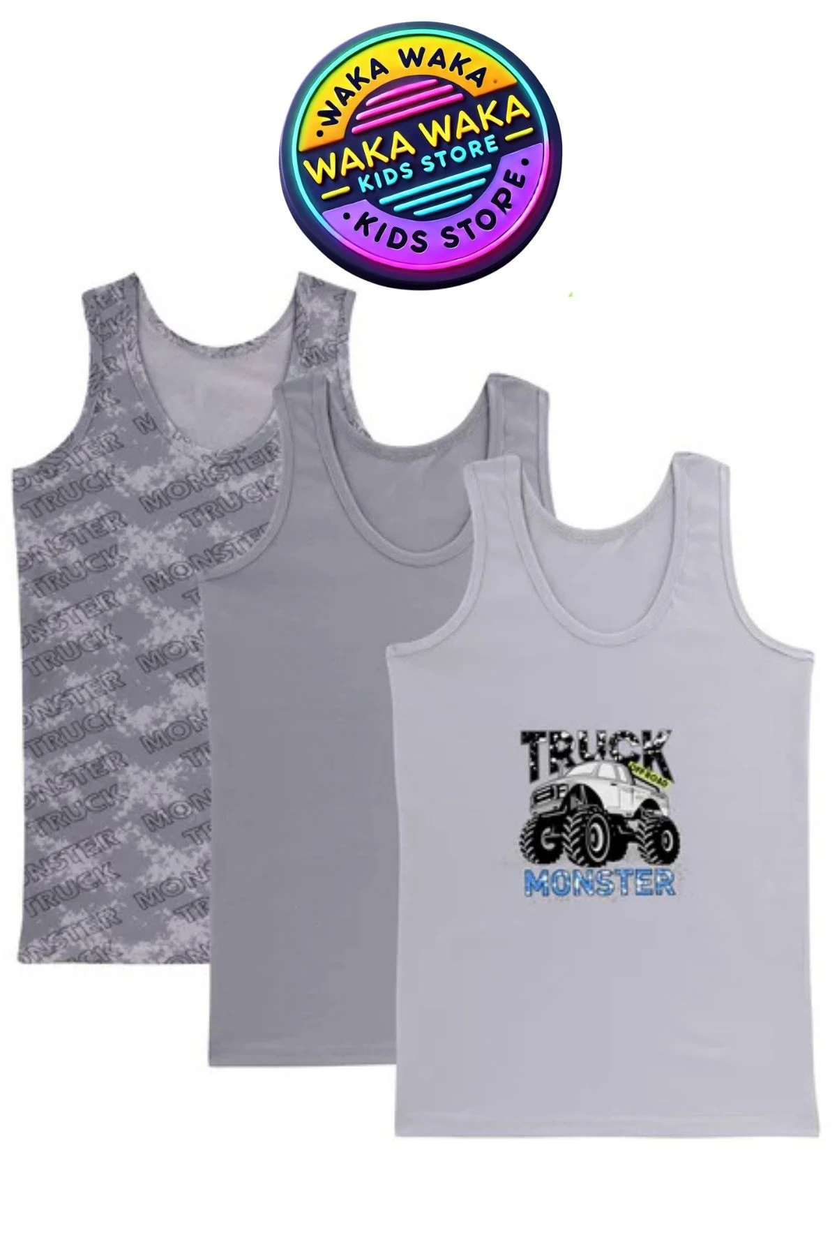 Erkek Çocuk Monster Truck Desenli 3’lü Atlet Seti – Pamuklu Rahat İç Giyim