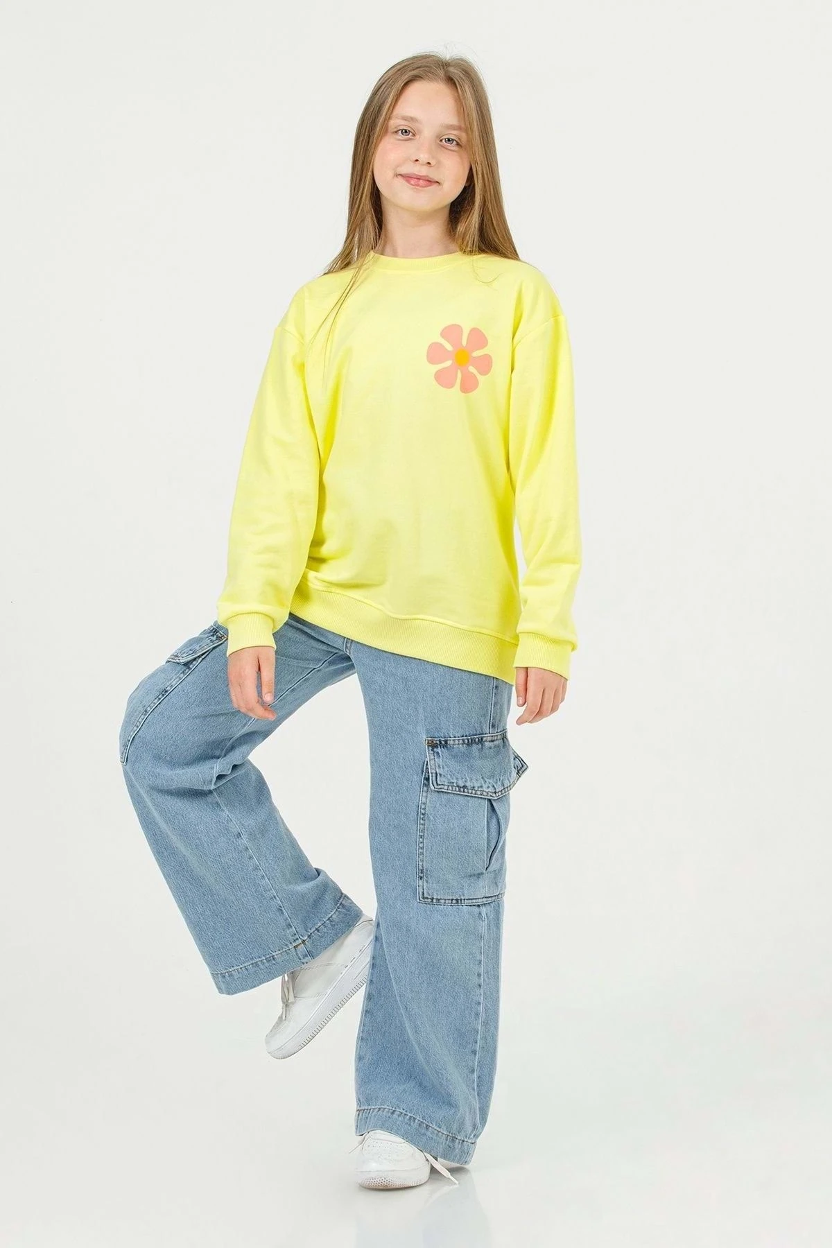 Kargo Cepli Ayarlanabilir Belli Bol Paça Kız Kot Pantolon - Lacivert - 9-10 YAŞ