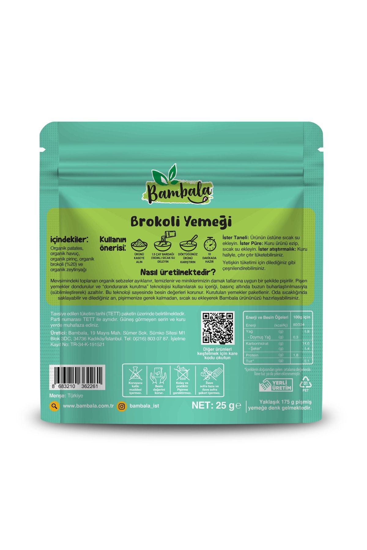 10 Dakika - Dondurularak kurutulmuş Organik Yemek paketi : Bezelye,Kabak, Brokoli Yemeği 3x25g