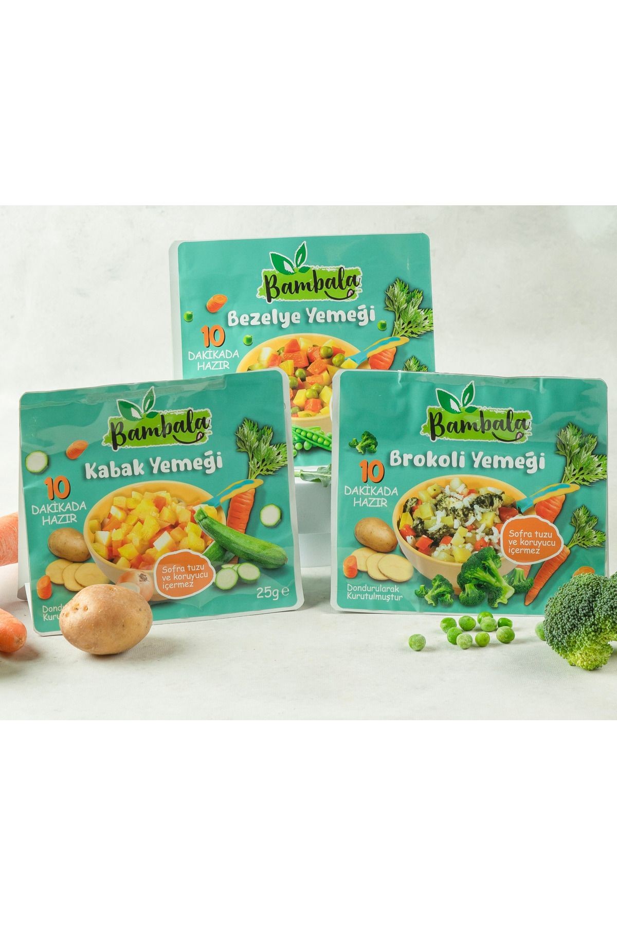 10 Dakika - Dondurularak kurutulmuş Organik Yemek paketi : Bezelye,Kabak, Brokoli Yemeği 3x25g