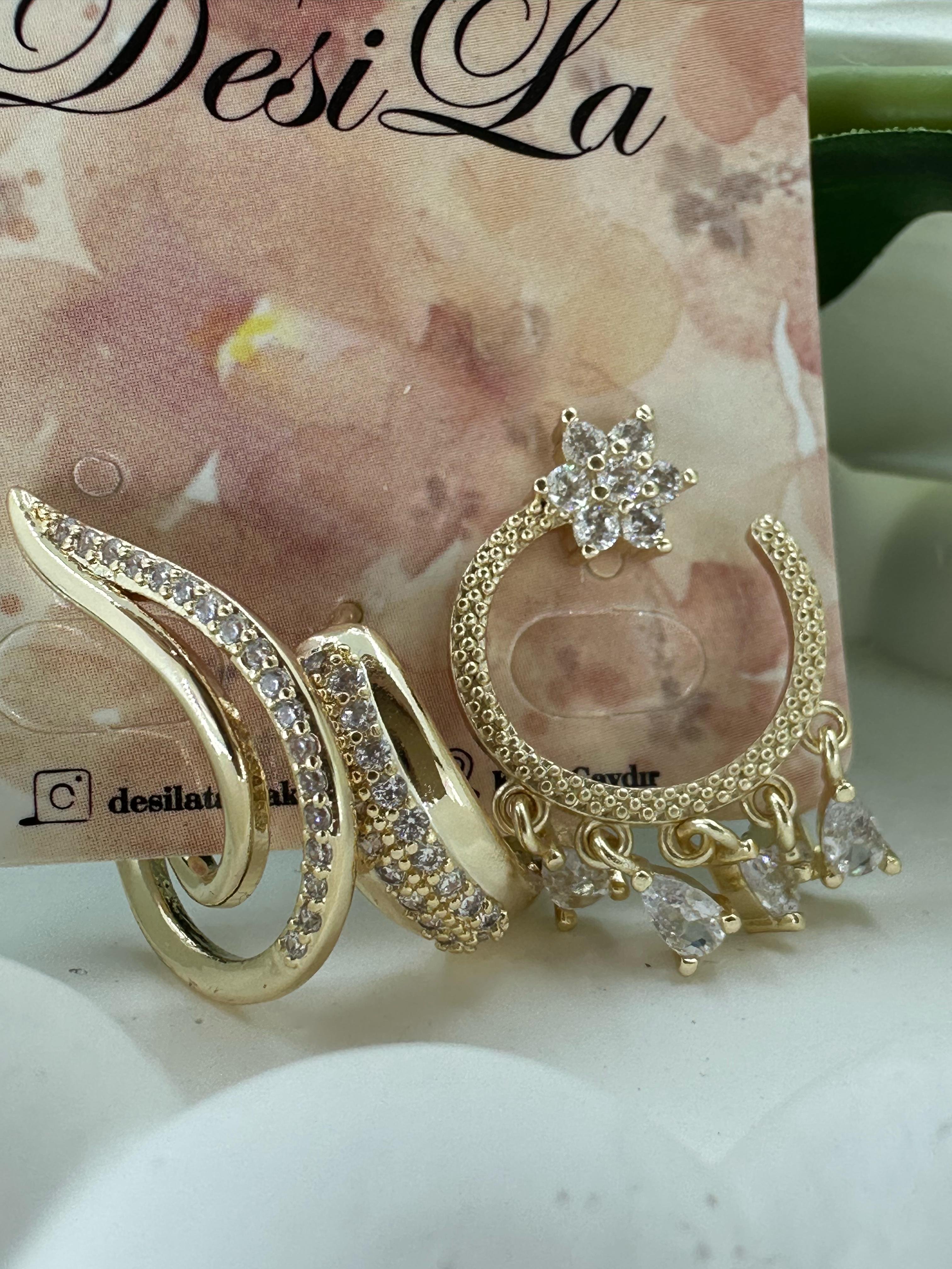 Kadın Gold Renk Çiçek Detaylı 3'lü Küpe Seti
