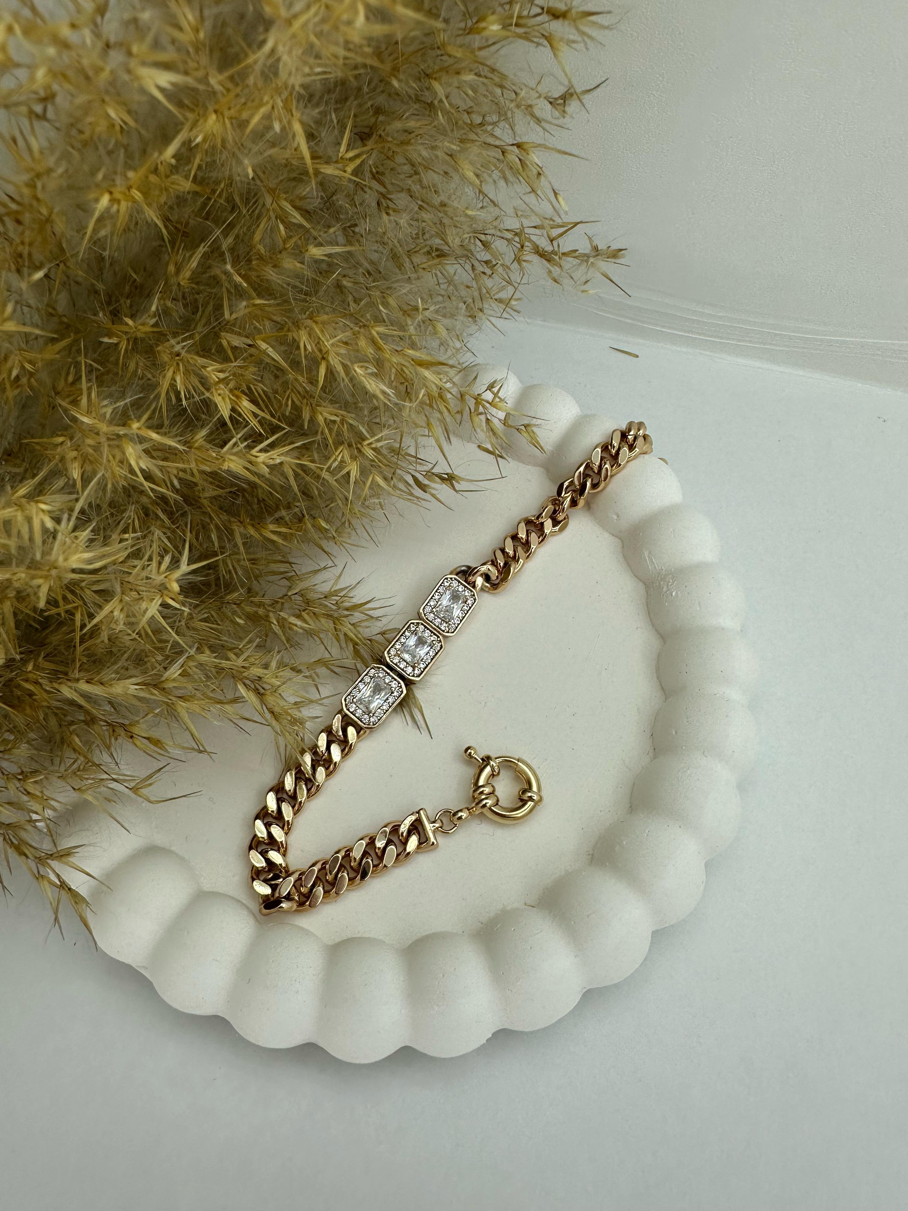 Xupıng Rose Gold Renk Zirkon Ve Üçlü Baget Taş Zincir Detaylı Bileklik