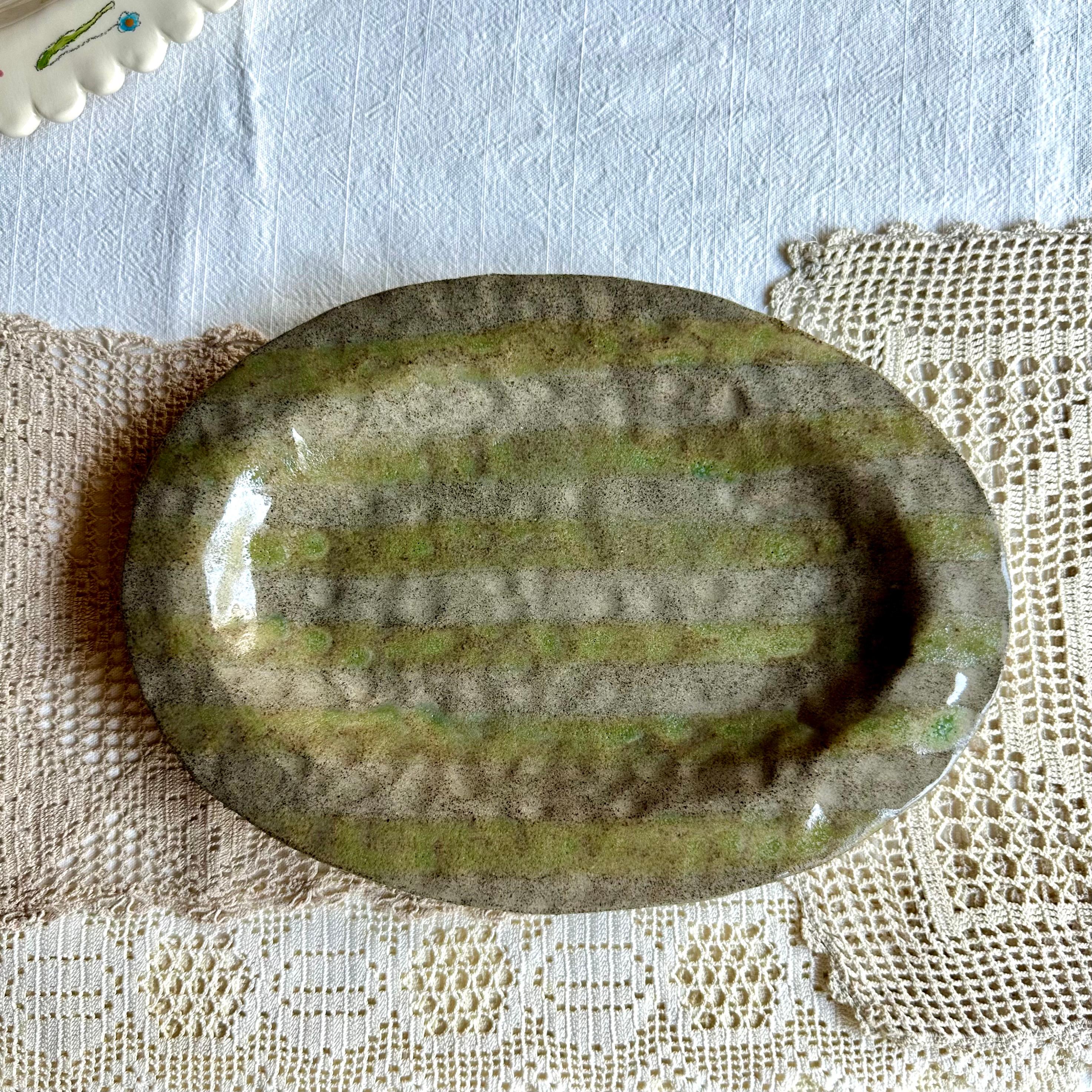 Çizgili oval tabak - Yeşil