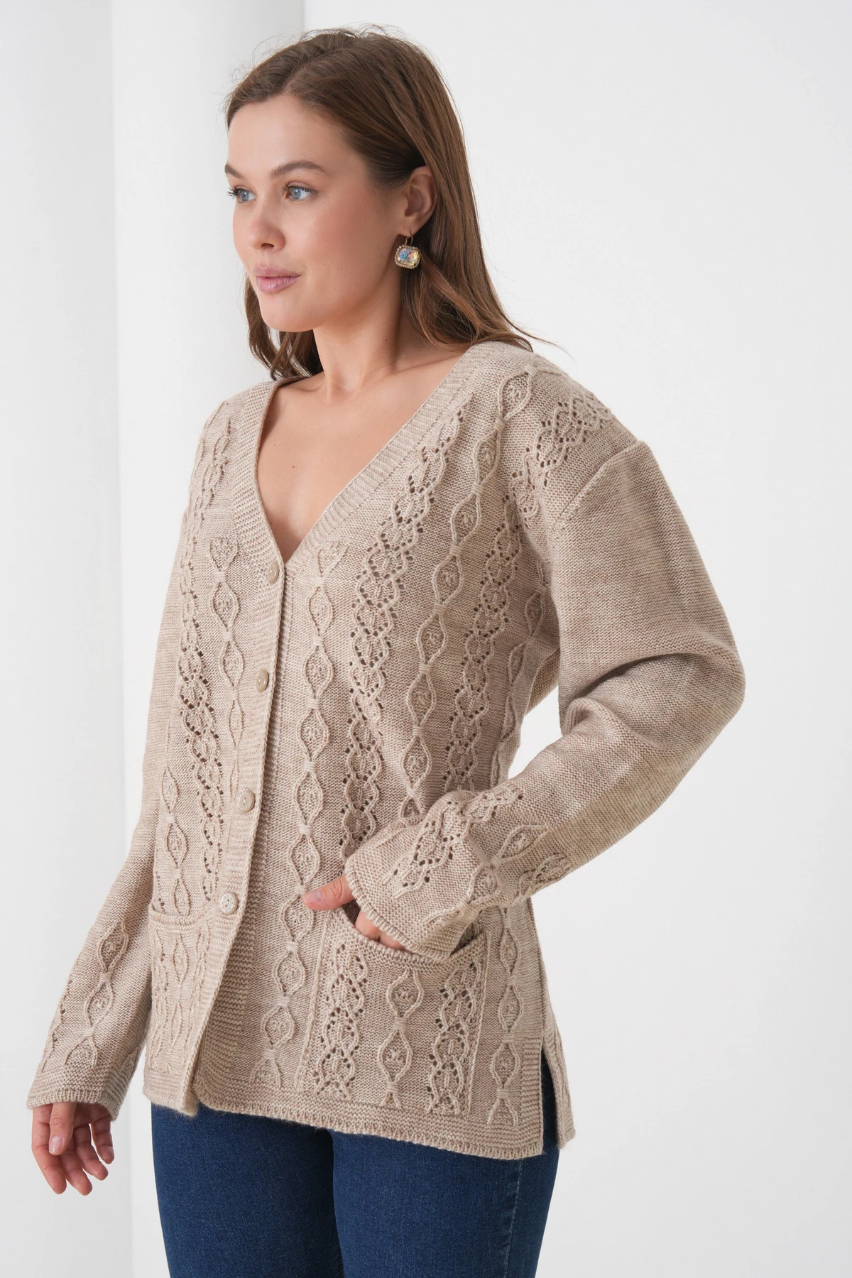 Anne Kadın Triko Cep detaylı Yün Hırka - taş