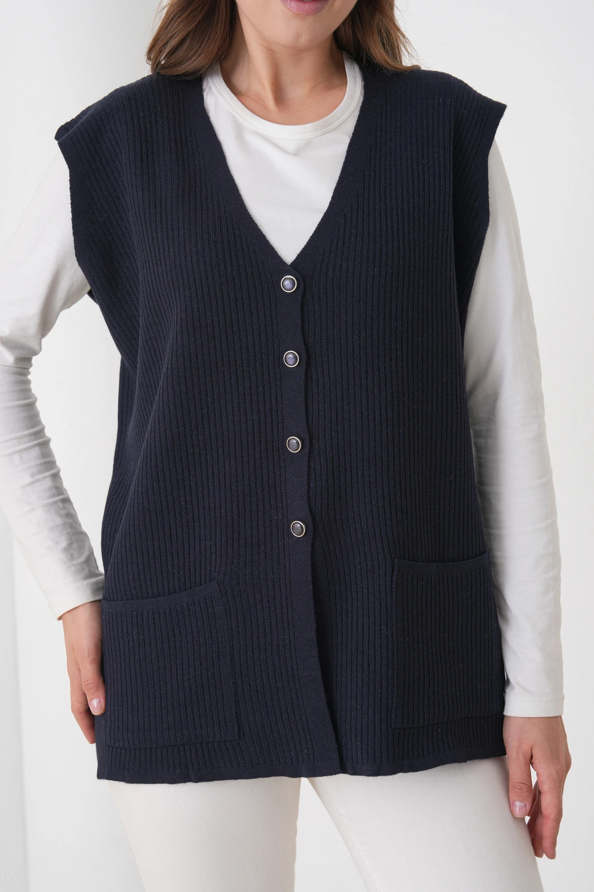 Anne Kadın Triko Fitilli Yün Yelek - lacivert