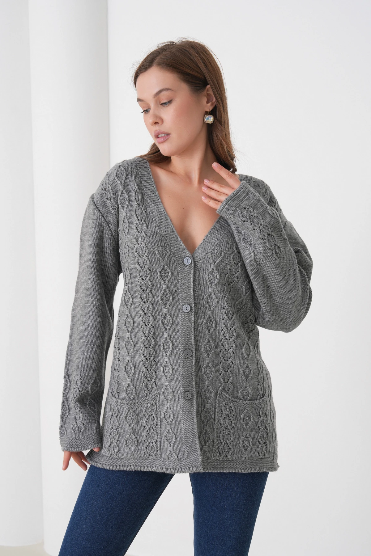 Anne Kadın Triko Cep detaylı Yün Hırka - füme