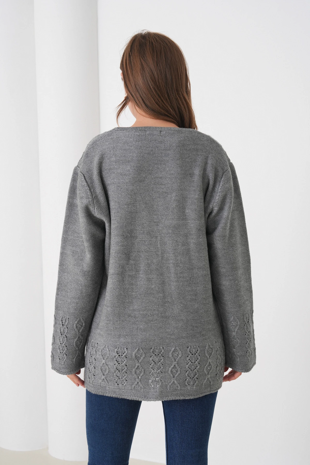 Anne Kadın Triko Cep detaylı Yün Hırka - füme