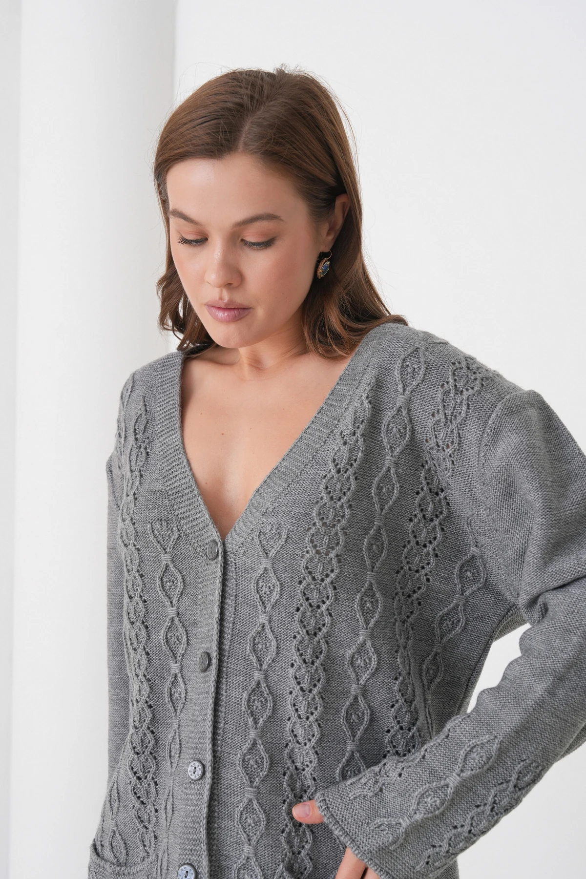 Anne Kadın Triko Cep detaylı Yün Hırka - füme