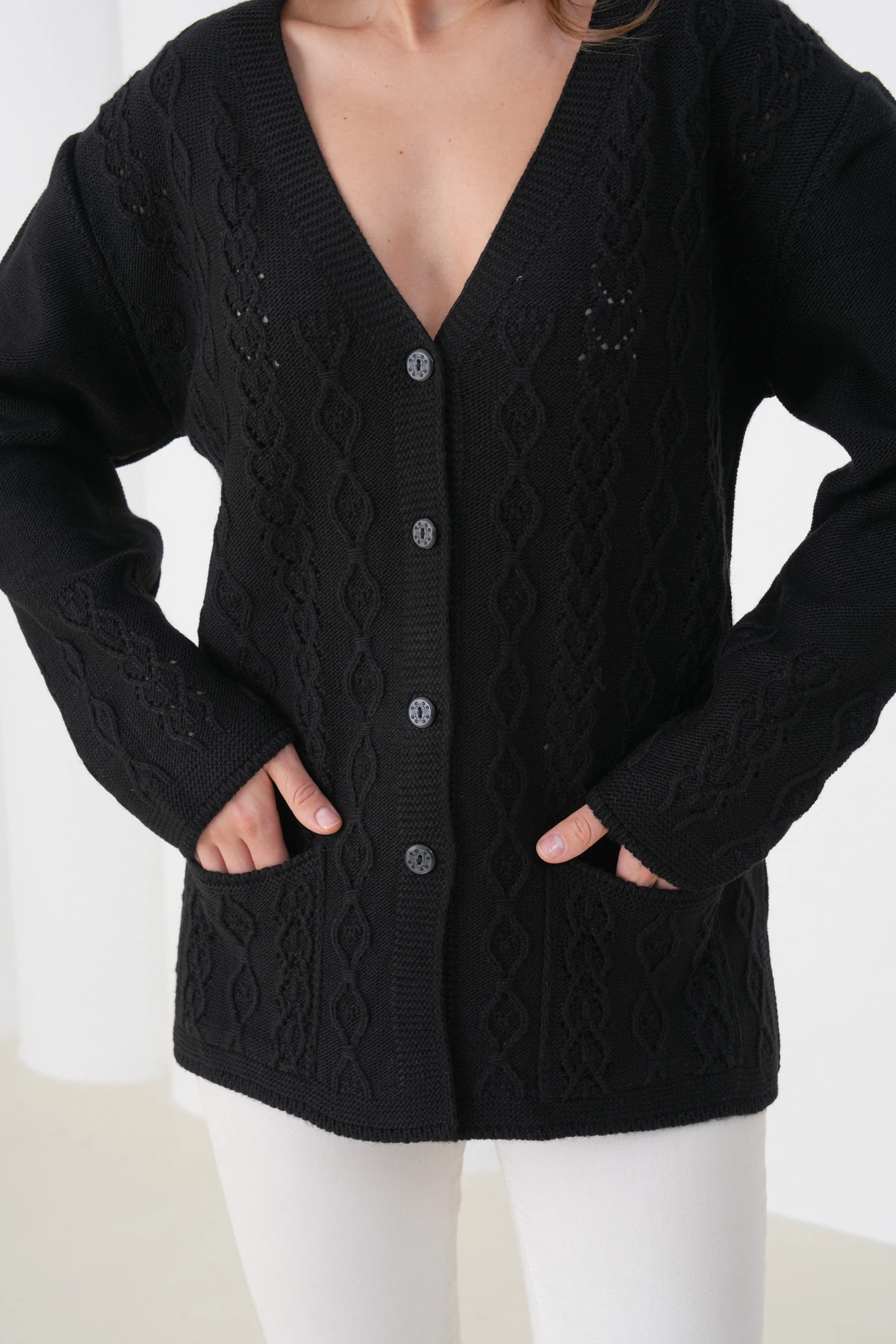 Anne Kadın Triko Cep detaylı Yün Hırka - siyah