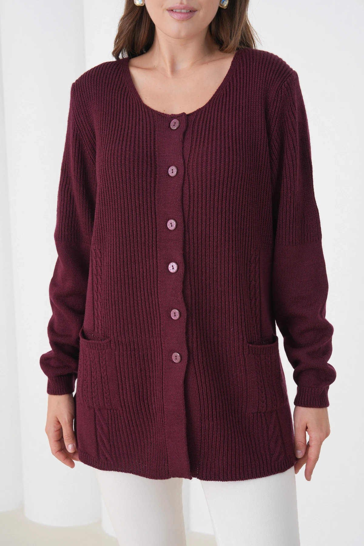 Kadın Anne Triko Cep detaylı Yün Hırka - bordo