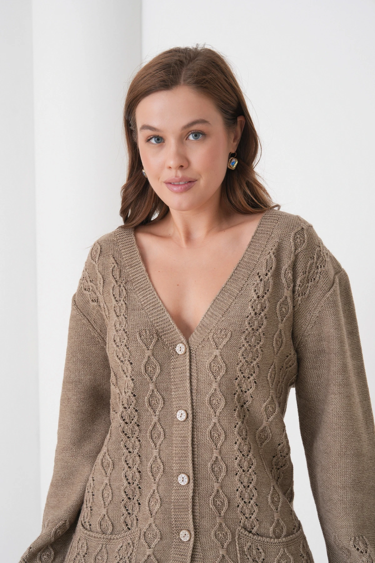 Anne Kadın Triko Cep detaylı Yün Hırka - vizon