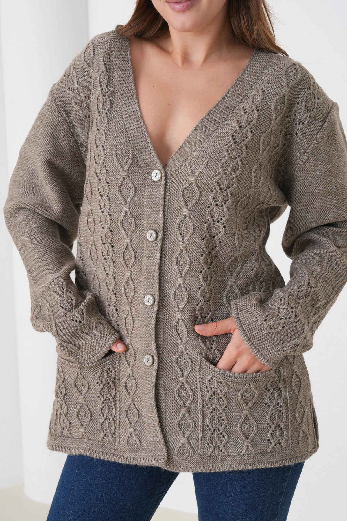 Anne Kadın Triko Cep detaylı Yün Hırka - kahve