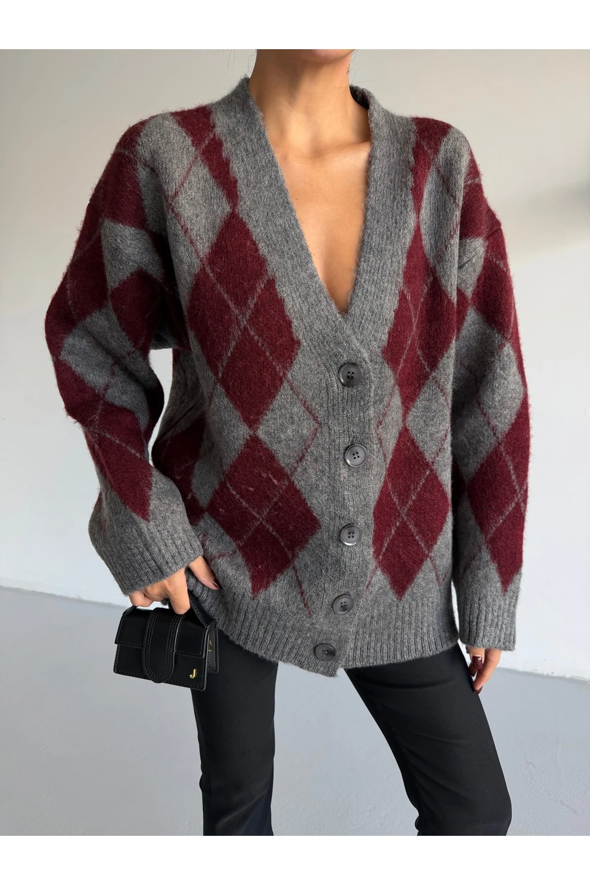 Baklava Desen Yumoş Kadın Triko Hırka - bordo-füme