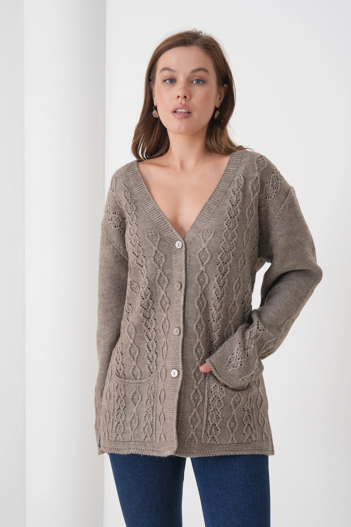 Anne Kadın Triko Cep detaylı Yün Hırka - kahve