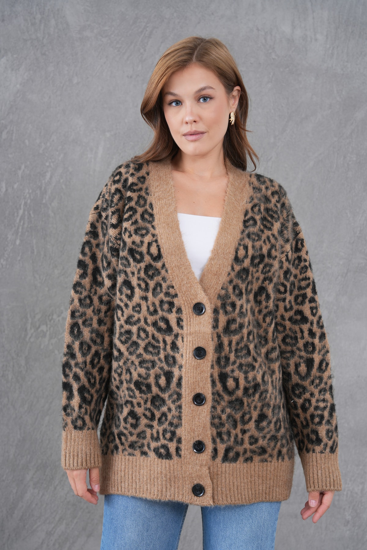 leopar desen V yaka Hırka