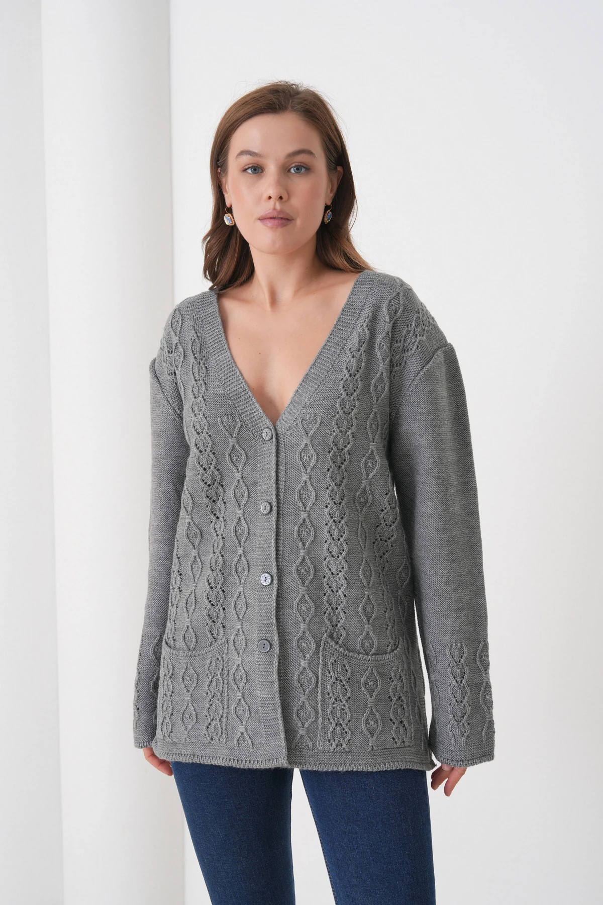 Anne Kadın Triko Cep detaylı Yün Hırka - füme