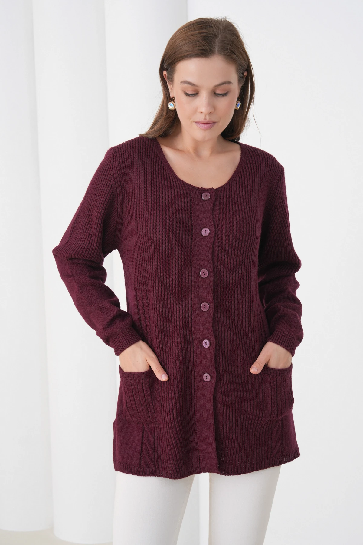 Kadın Anne Triko Cep detaylı Yün Hırka