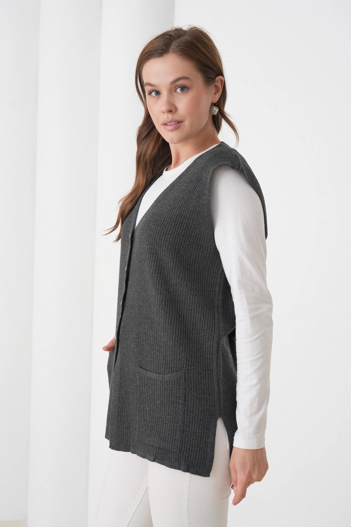 Anne Kadın Triko Fitilli Yün Yelek