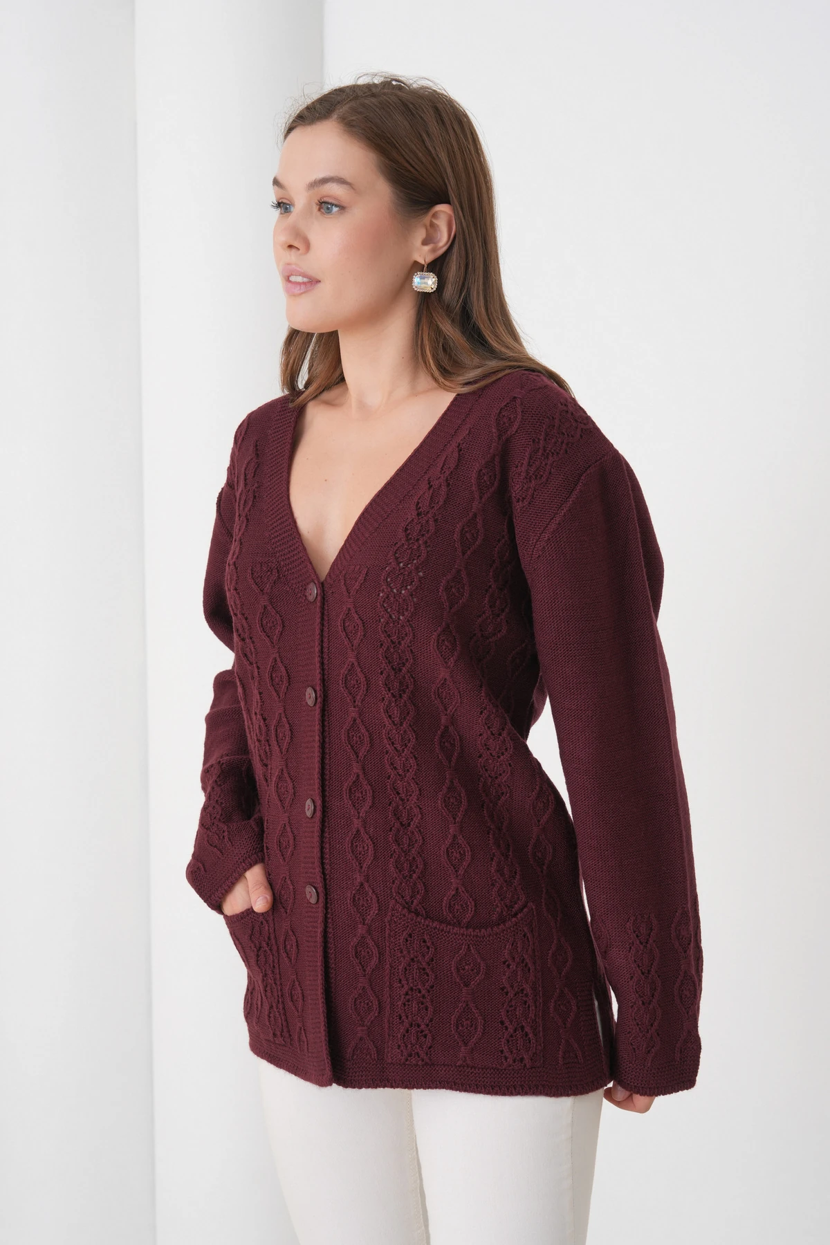 Anne Kadın Triko Cep detaylı Yün Hırka - bordo