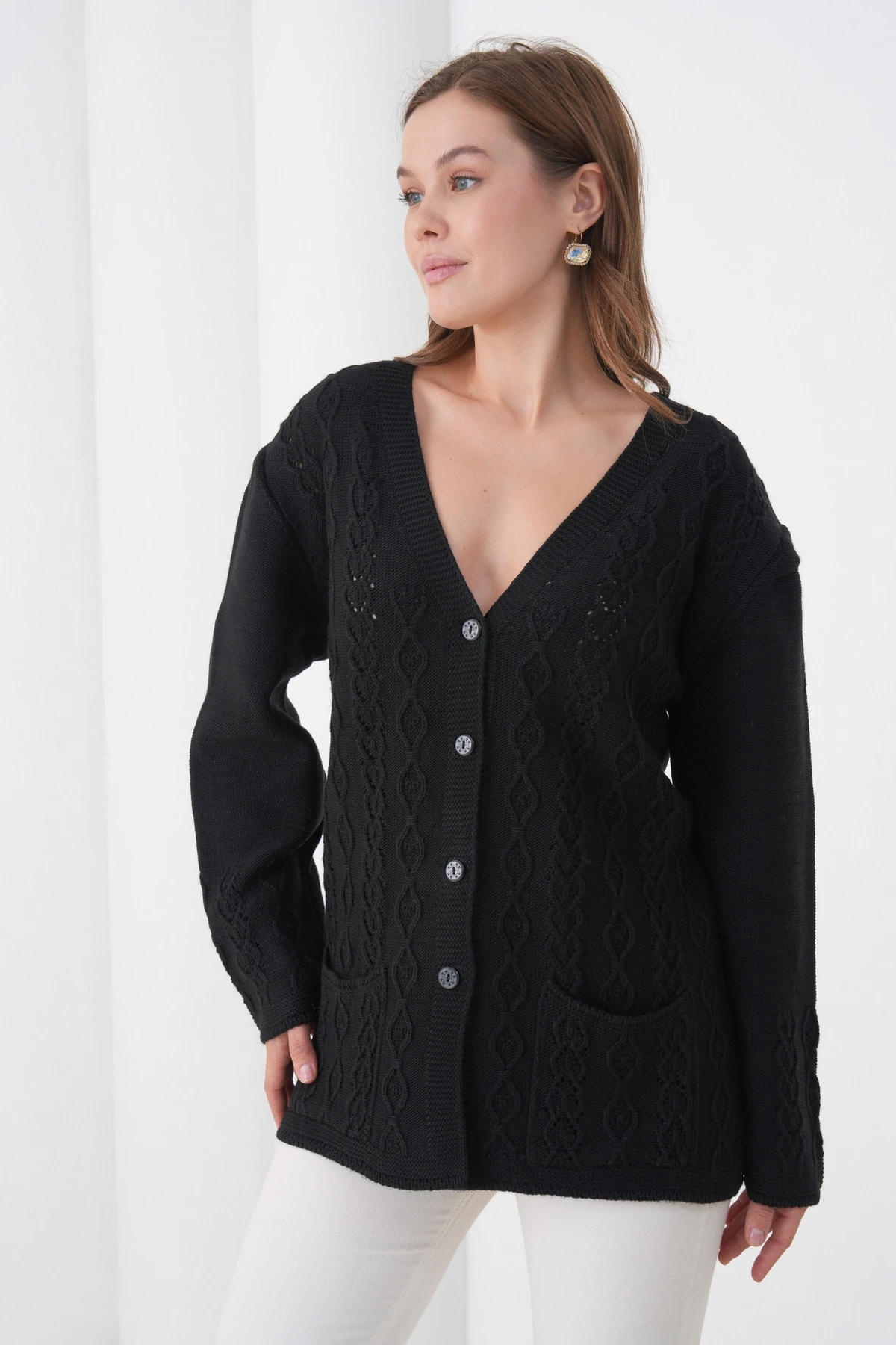 Anne Kadın Triko Cep detaylı Yün Hırka - siyah